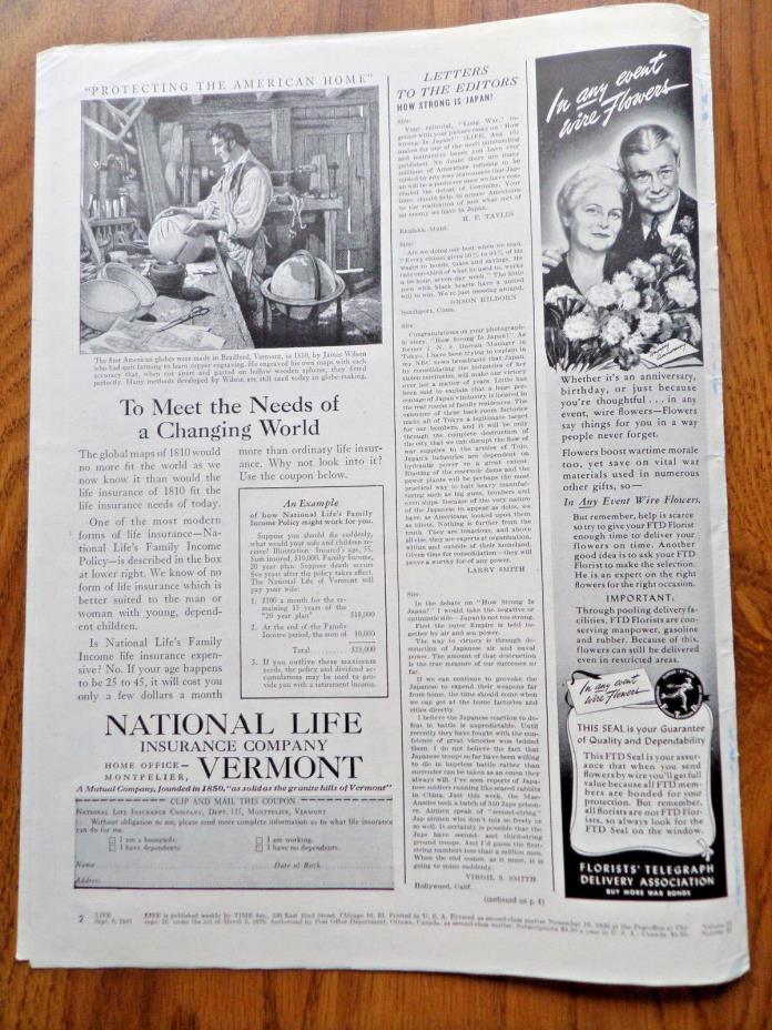 1943 National Life Insurance Vermont Ad Bradford James Wilson Copper Engraving