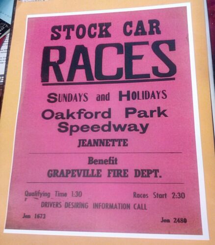 1950 Oakford Amusement Park Stock Car Races Grapeville Fire Dept. Jeannette PA.