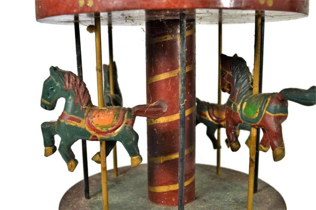 Antique Carousel Wooden Hand Painted In Green Red And Gold Four Horses