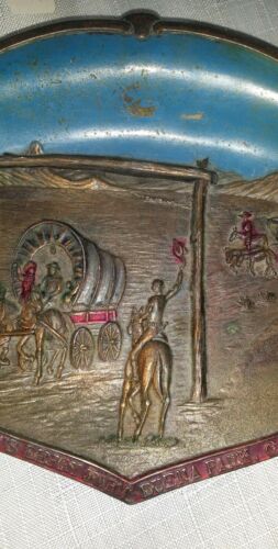 Antique Knotts berry farm copper plaque w/ chuck wagon 40s americana rare