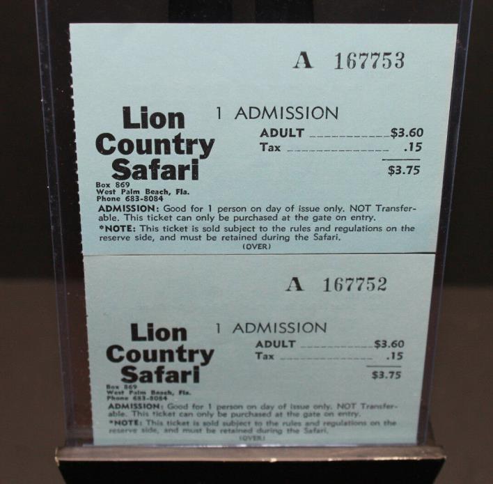Vintage Pair Of Lion Country Safari Admission Sequential Ticket Stubs