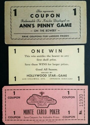3 1940 - '60s Coney Island New York Penny Game Arcade Coupons Monte Carlo Poker