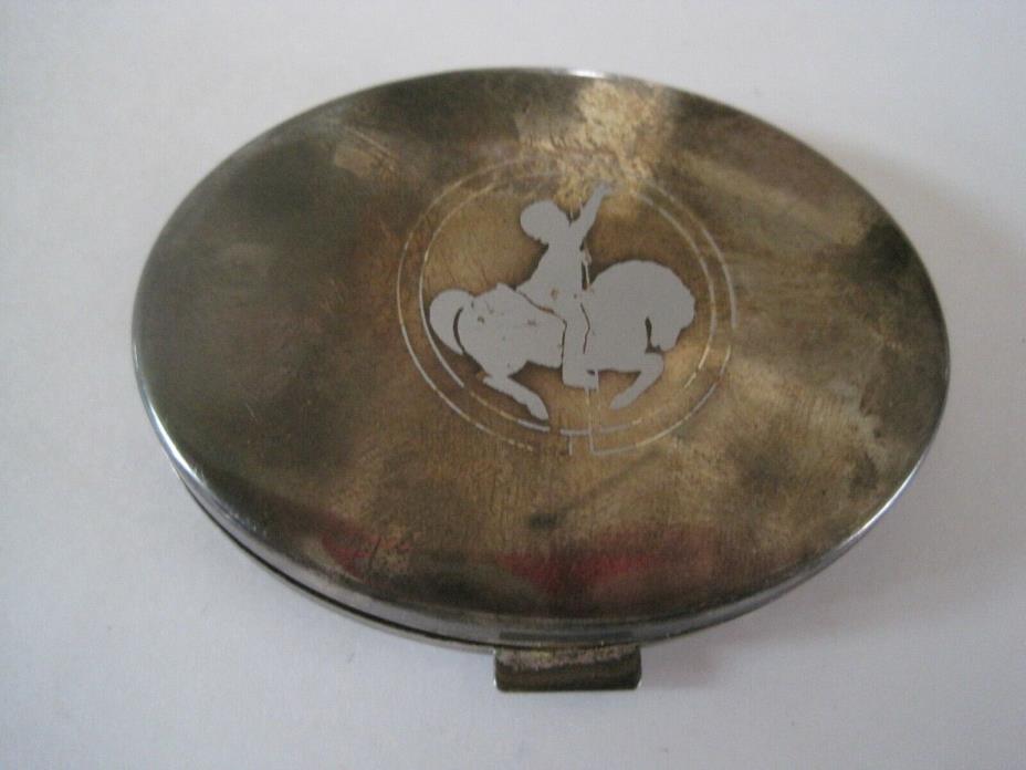Inlaid Boy on Carousel Horse Mirrored COMPACT Silver Tone Antique