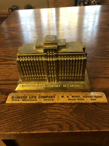 OLD SOUVENIR BUILDING BANK BANKERS LIFE COMPANY DES MOINES + 6” RULER AGENT ADV