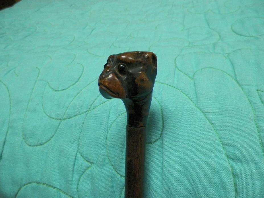 Old Vtg Antique Carnival Cane w/Hand Carved Wood Dog Head Wooden Boxer Glass Eye