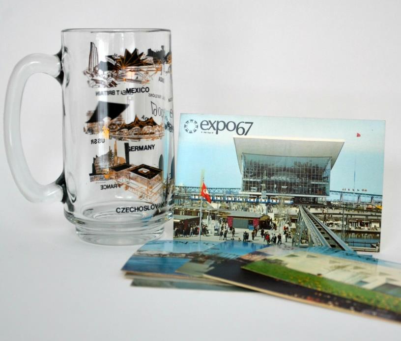 Expo 67 beer mug + 11 postcards collectible lot Soviet New York United Nations