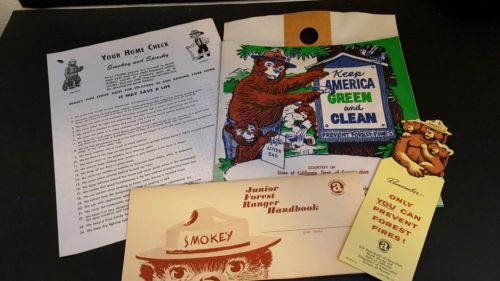 Smokey the Bear Ranger Handbook, Home Check List, Car Litter Bag, etc. 1960's
