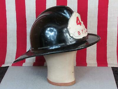 Vintage 1940s Firefighters Helmet Black w/ Leather Front Badge #4 BFD Fire Dept.