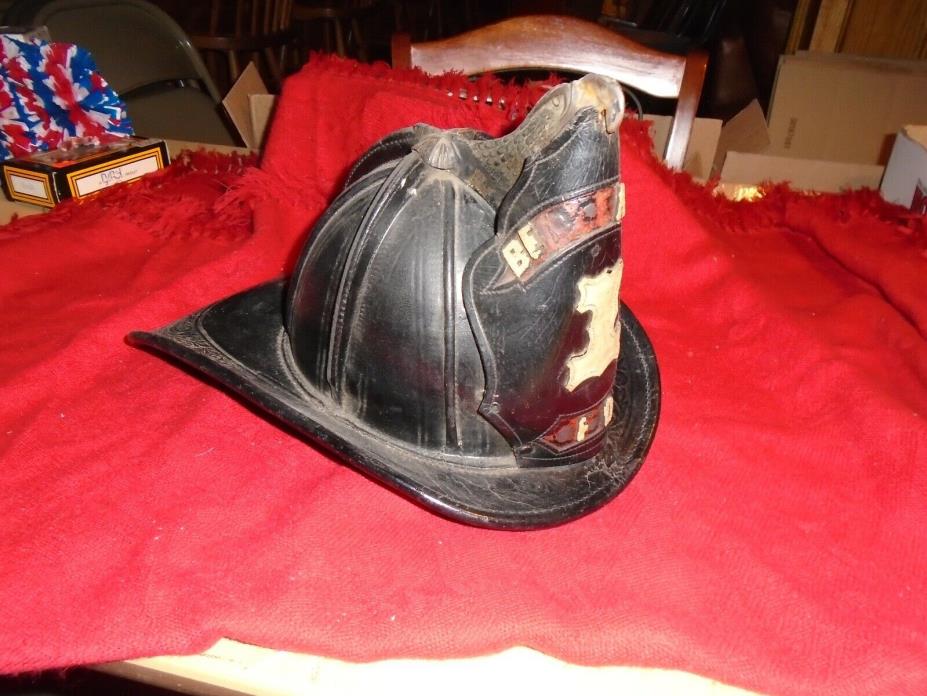 Fire helmet leather high eagle Bellerose 1 fireman fire dept Long Island