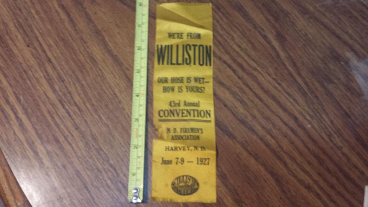1927 Williston North Dakota Fireman's Convention Harvey Tournament Ribbon