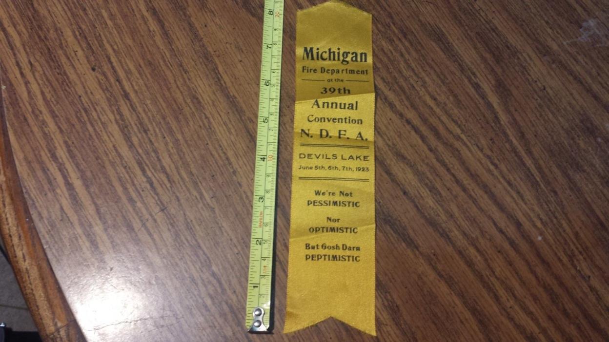 1923 Michigan North Dakota Fireman's Convention Devils Lake Tournament Ribbon