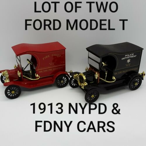 NYPD  FDNY LOT OF TWO 1913 FORD MODEL T CAR NATL. MOTOR MUSEUM MINT 1:32 DIECAST