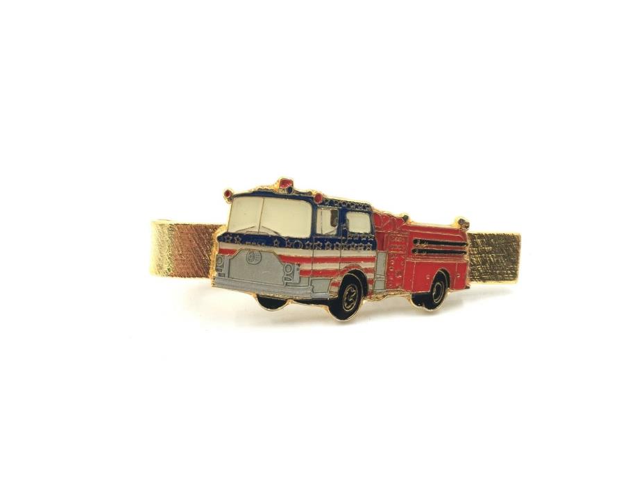 Vintage Tie Clasp Bar Clip Red Fire Truck by Hook Fast Prov RI USA Flag