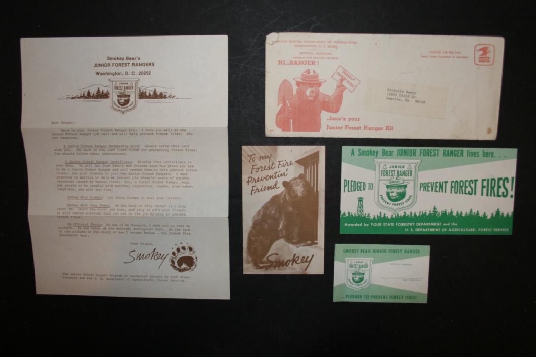 Vintage Smokey the Bear Junior Forest Ranger Kit Letter Certificate Card Photo