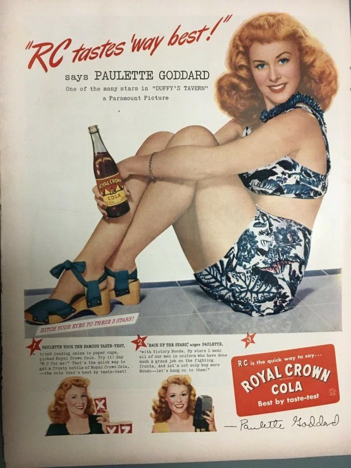 R.C. Cola Pin-Up Advertisement 1940's Life Magazine Large Ad Paulette Goddard