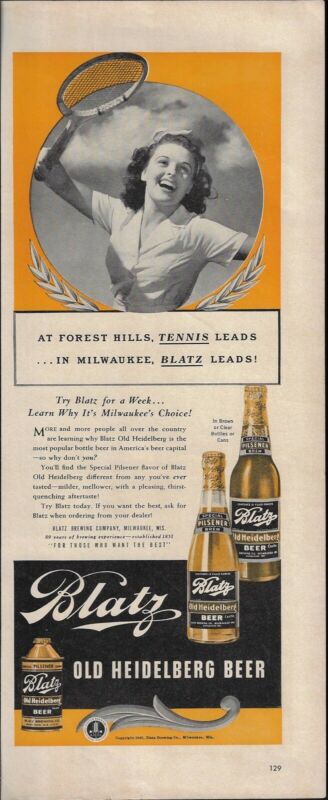 1940 BLATZ Beer Old Heidelberg FOREST HILLS Tennis Player Photo Print Ad