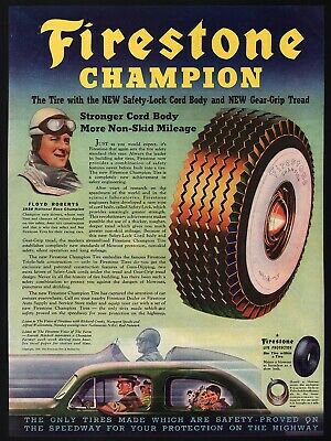 Vintage magazine ad FIRESTONE CHAMPION TIRES 1939 Floyd Roberts pictured