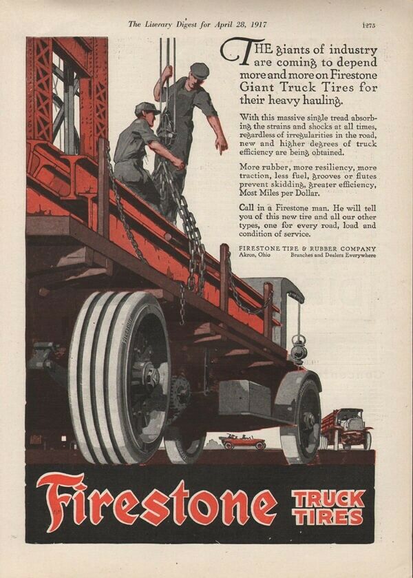 1917 FIRESTONE TRUCK TIRE GIANT TRUCK AKRON CONSTRUCTION MACHINE AUTO AD19196