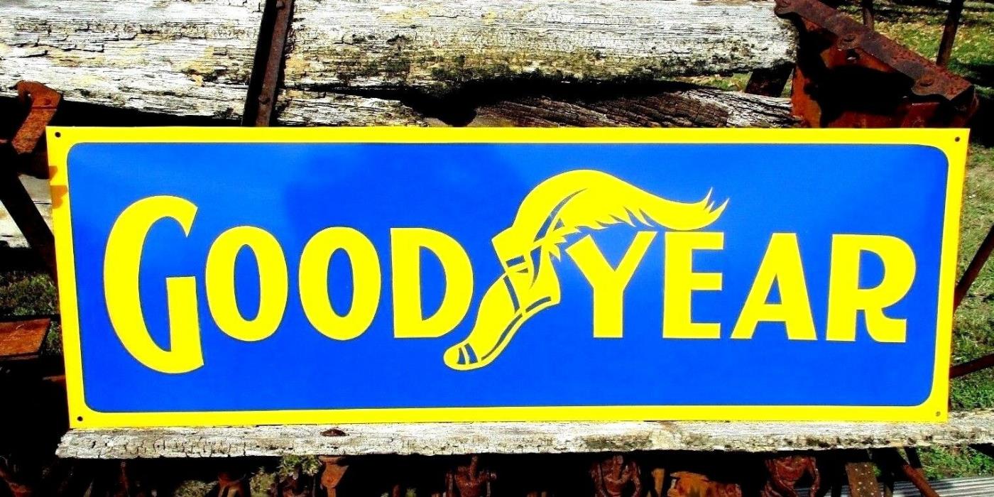 Large Vintage Hand Painted  Metal GOODYEAR TIRE Sign Tractor Truck Gas Oil Lube
