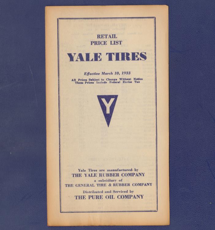 1933 YALE TIRE RETAIL PRICE LIST