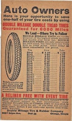 1920's Advertising Card - Amazing Tire Bargains. Double Mileage Tire Company