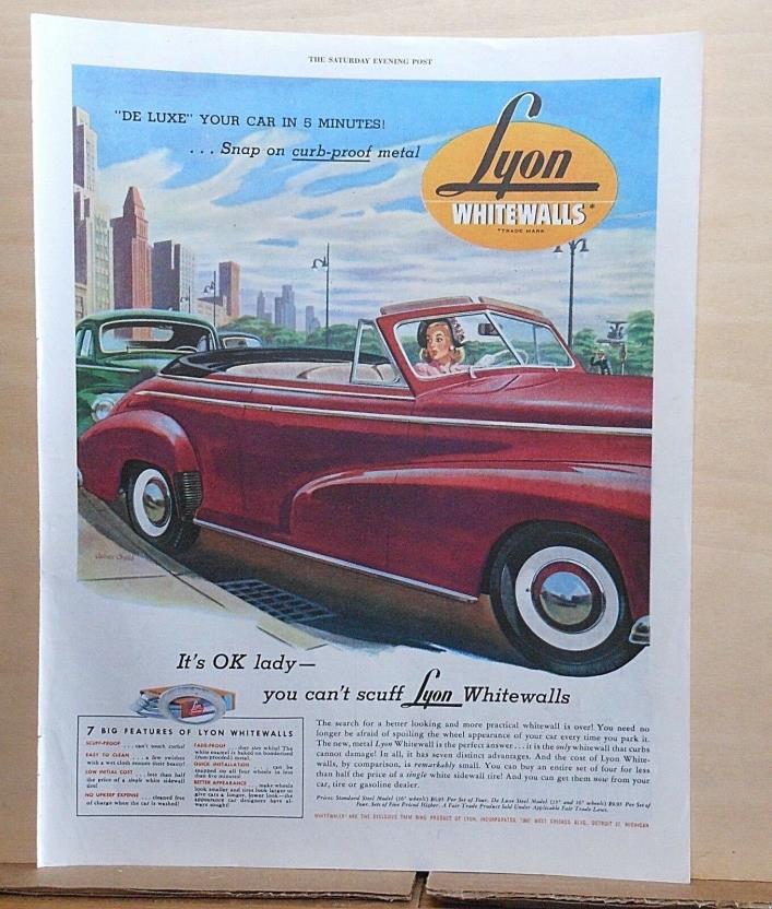 1947 magazine ad for Lyon Whitewalls Tires - red convertible with big whitewalls