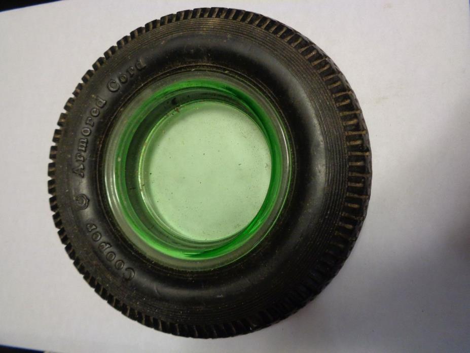 VINTAGE Cooper Tire Armoured Cord TIRE LARGE  ASHTRAY WITH GREEN GLASS