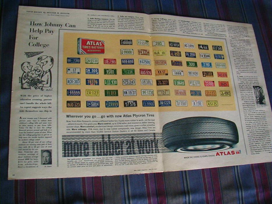 HUGE 1963 Atlas tire newspaper ad centerfold color license plates
