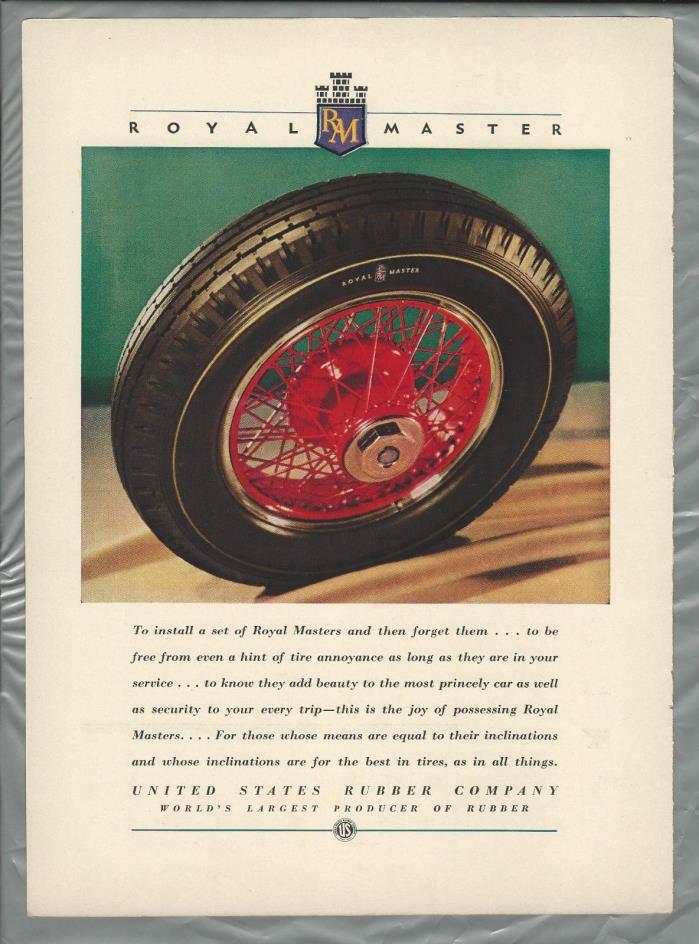 1930 ROYAL MASTER Tires advertisement, Color photo, US Rubber, red wire wheel