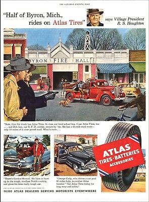 1952 vintage AD ATLAS TIRES BATTERIES  Art small town Byron fire truck 120618
