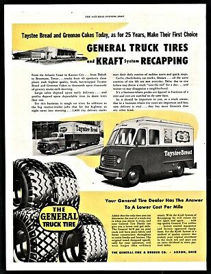 1952 GENERAL Recapped TIRES Vintage AD Taystee Bread Kraft Recapping