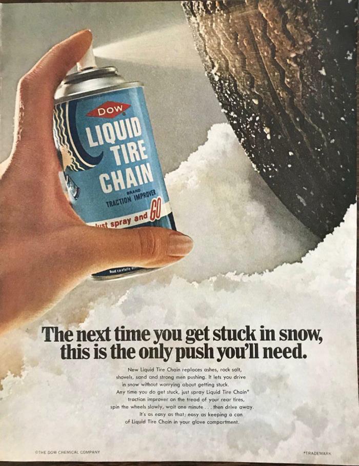 ORIGINAL 1968 Dow Liquid Tire Chain Print Ad The Only Push You'll Need