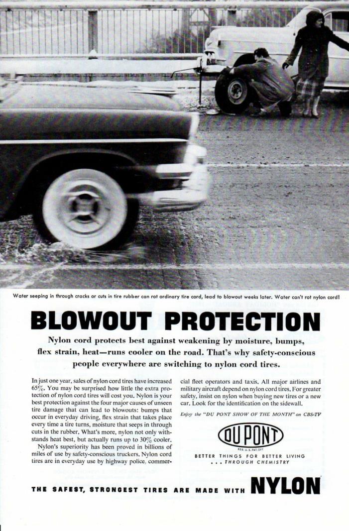 Vintage print ad Dupont Nylon Tire 1958 Blow out Protection flat tire water rot