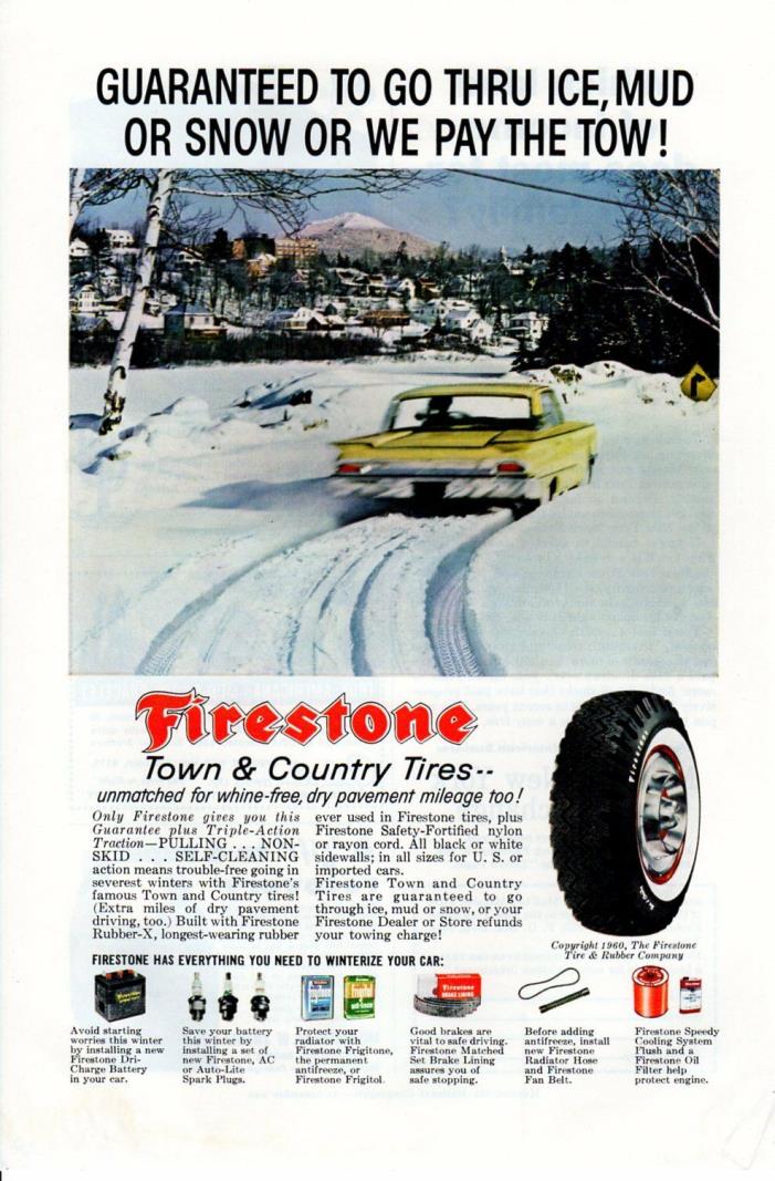 Vintage print ad Tire Firestone 1960 Ice Mud or Snow or We pay the Tow car
