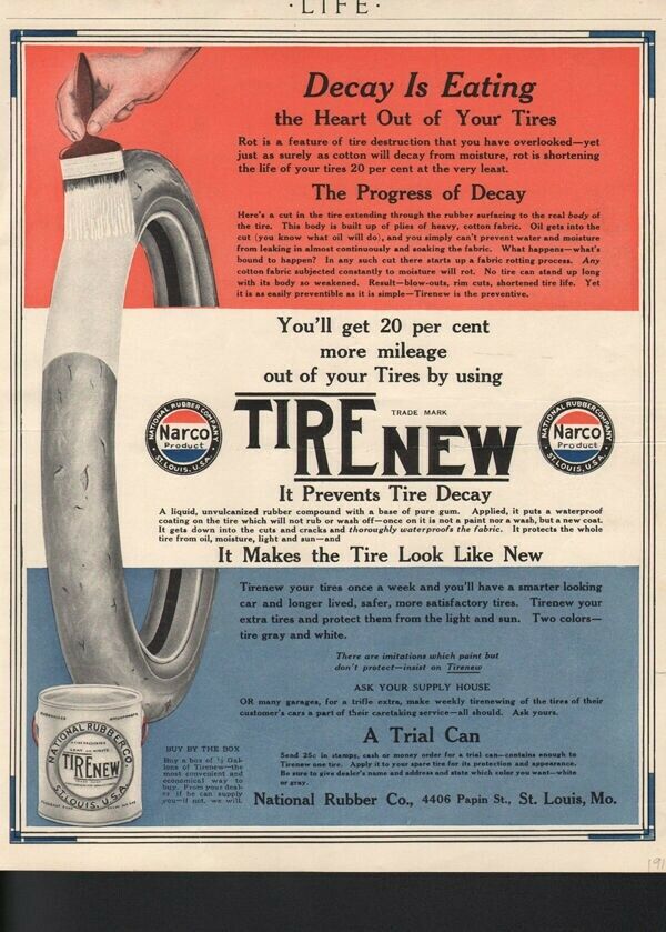 1912 NARCO TIRE NEW ST LOUIS DECAY PROTECT MILEAGE CAR AUTO CAN PAINT 16891