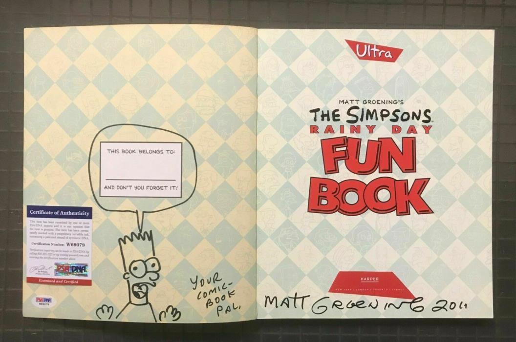Matt Groening Signed THE SIMPSONS Fun Book w/ Bart Simpson Drawing PSA/DNA COA