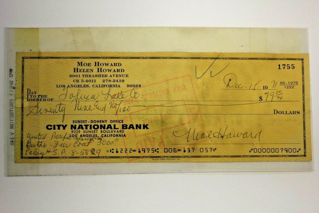Moe Howard Signed Personal Check - 1971- Three Stooges
