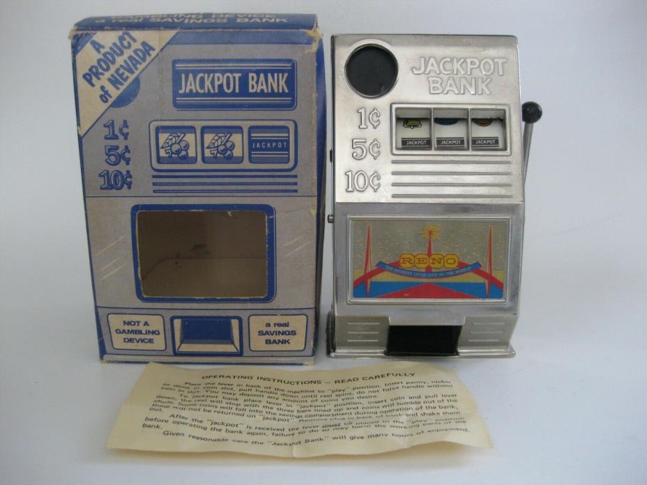 Vintage Reno Jackpot Bank Slot Machine Nevada Metal with Box