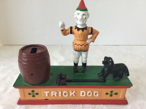 Vintage Trick Dog & Clown Cast Iron Hand Painted Bank B31