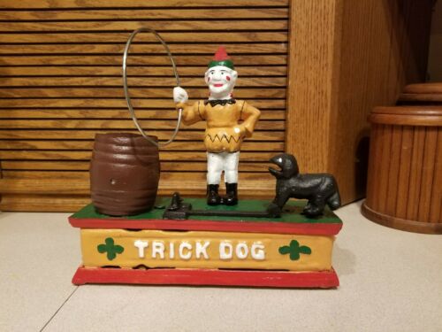 Vintage Cast Iron Mechanical Bank Clown & Trick Dog Hand Painted Complete, Works