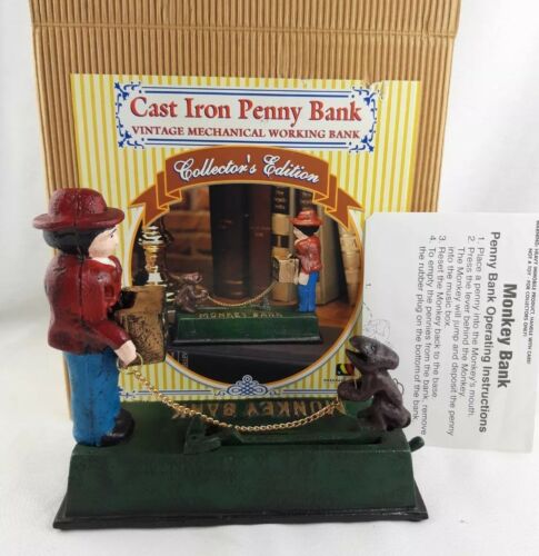 Working Cast Iron Monkey Bank Metal Organ Grinder Coin Penny Reproduction
