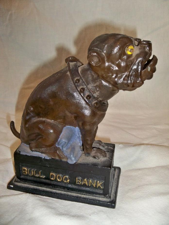 Heavy Vintage CAST IRON Metal Mechanical Bull Dog Bank  WORKS!