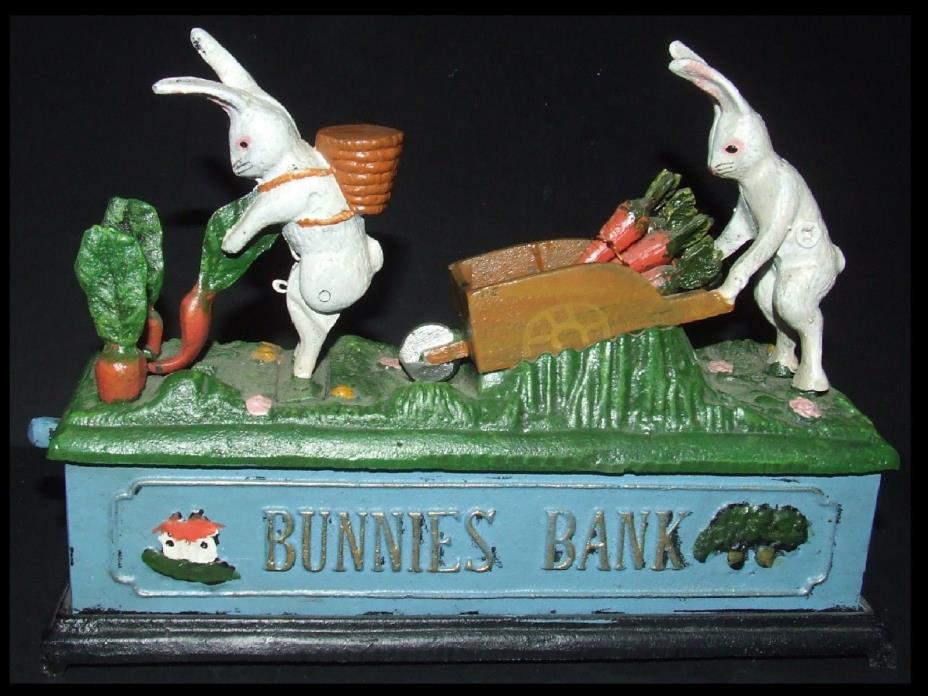 VINTAGE Die-Cast METAL Mechanical COIN BANK Bunnies Bank GREAT WORKING CONDITION