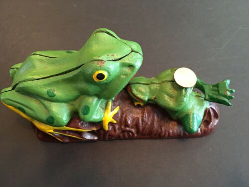 Vintage Cast Iron 2 Bull Frogs Bank Mechanical Flip Coin in Mouth Hand Painted