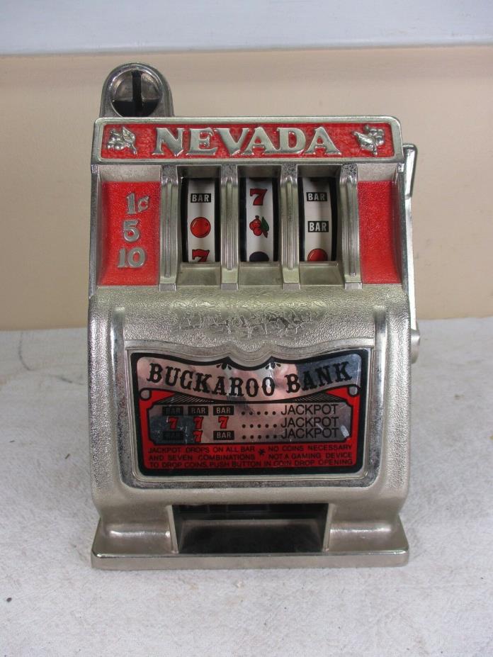 Vintage Las Vegas Nevada Metal Slot Machine Piggy Bank Coin Vault Bank -WORKING-