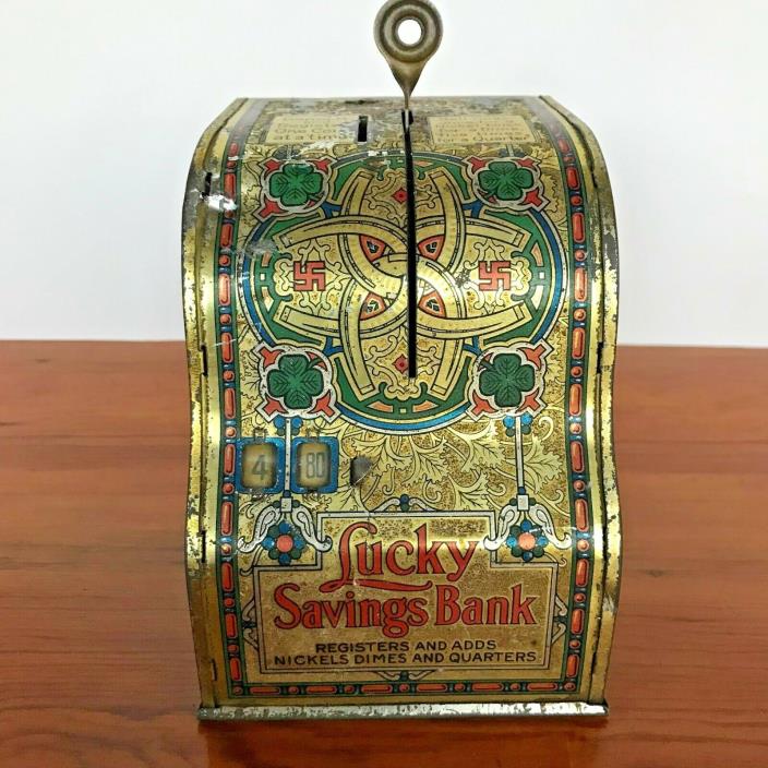 Vintage Lucky Savings Coin Bank Old Metal Toy Mechanical Cash Register Works