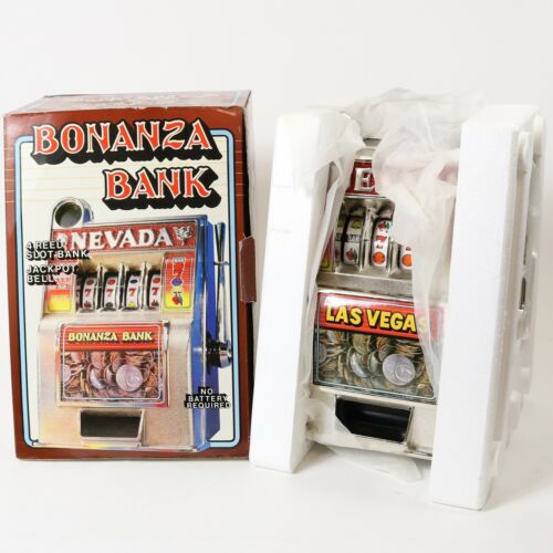 Vtg Bonanza Coin Slot Machine Las Vegas Nevada Toy Bank Metal w/ Box Unused