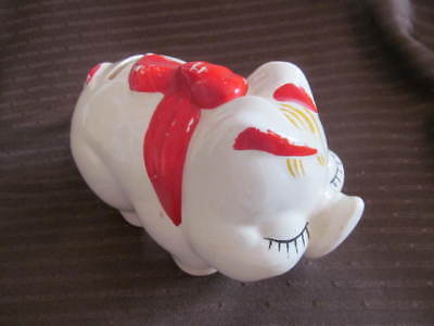 Vintage 1940s Pottery PIGGY BANK Pig Red Bow~American Bisque