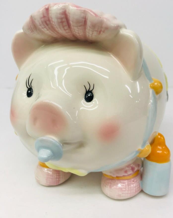 Piggy Bank Ceramic For Girls Pink Diaper And Bonnet Pacifier In Mouth Bottle