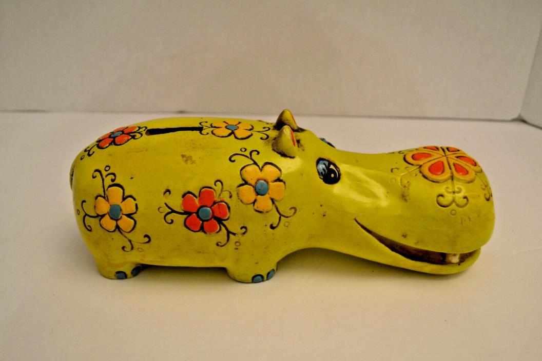Ceramic HIPPO Piggy Bank Vintage 1960's HIPPIE PIGGY BANK - Flower Power Patt